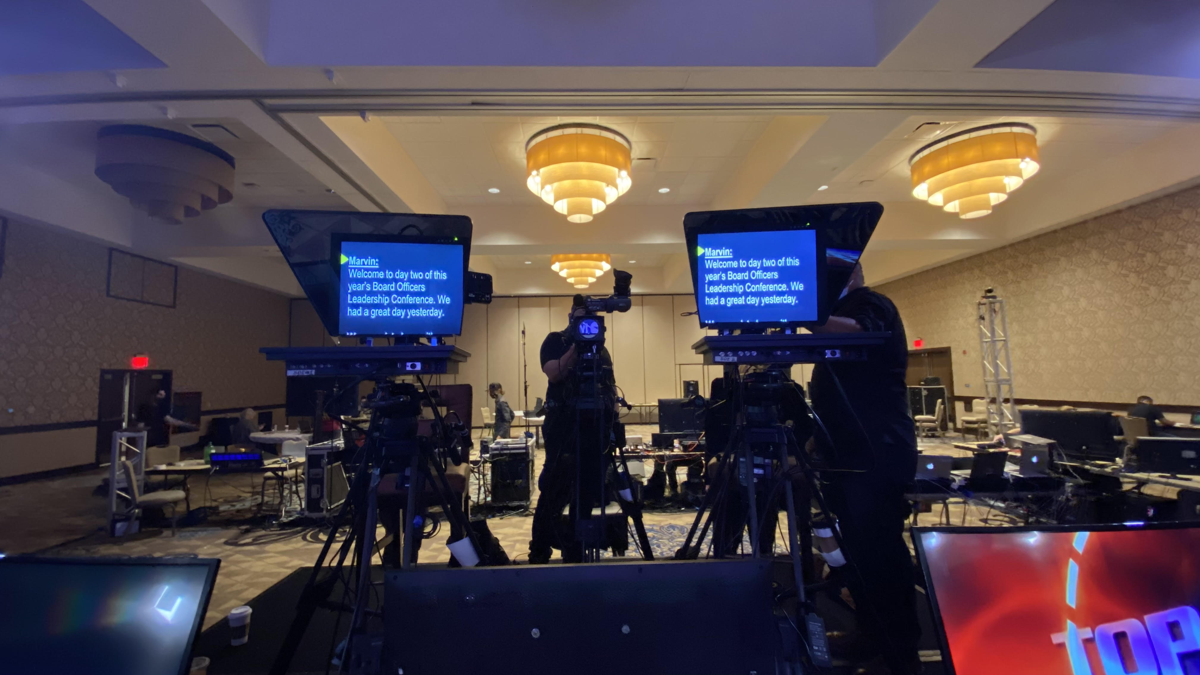 Dual 19-inch teleprompter monitors by Teleprompter USA